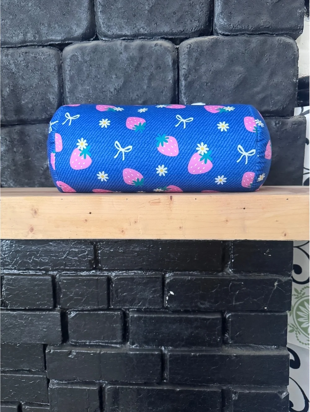 Camping Pillow-  Blue with Pink Strawberries